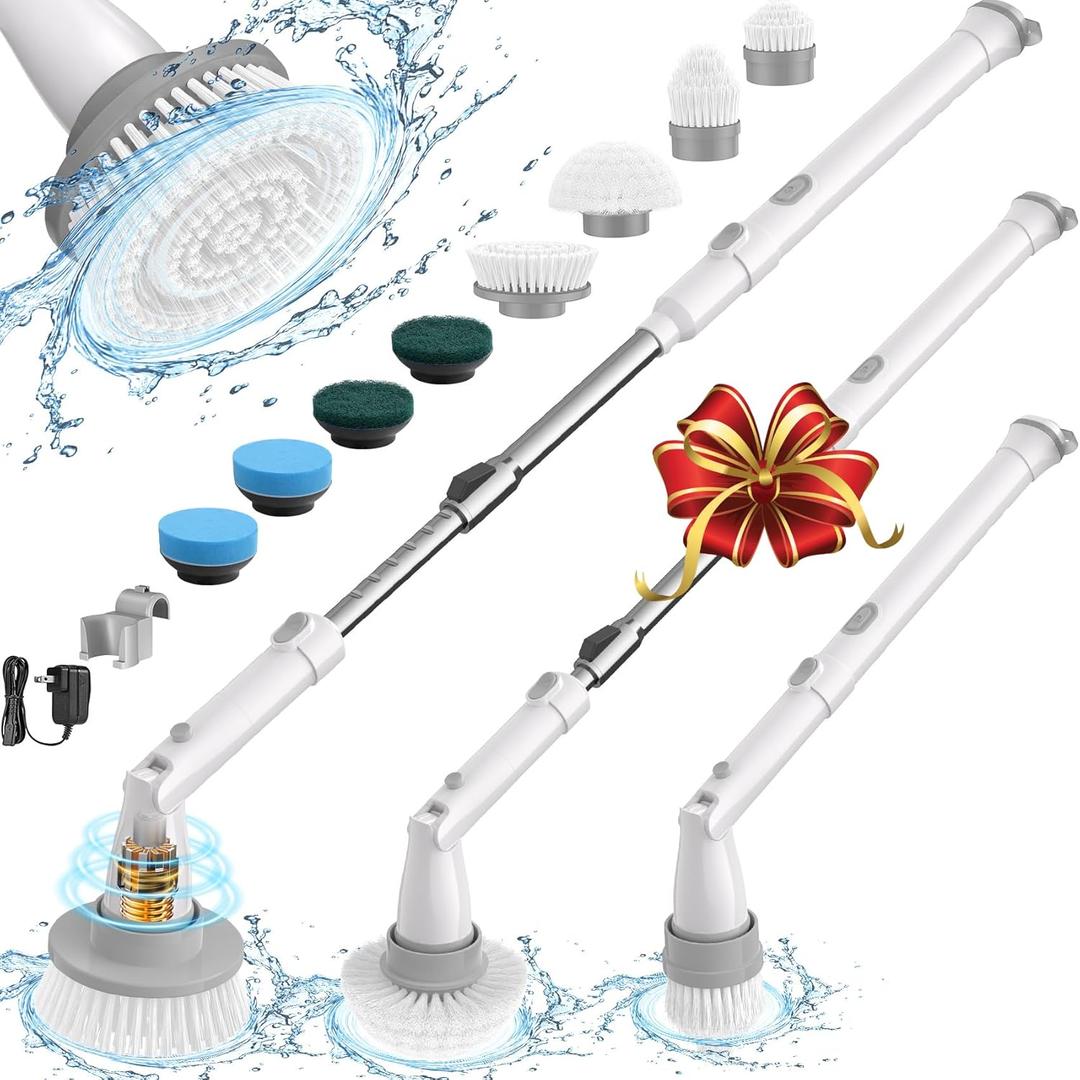 Sweepulire Electric Spin Scrubber for Cleaning, Shower Scrubber with Long Handle, 2 Spin Speeds, Bathroom Scrubber with 8 Replacement Heads, Bath Tub Cleaner Brush for Floor, Tub, Shower, Tile (All White)