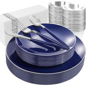 KIRE 175Pcs Blue Plastic Plates with Silver Rim & Disposable Silverware with Blue Handle & Silver-rim Cups & Hand Napkin & Plastic Dinnerware for Parties/Wedding