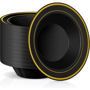 Jinei 150 Pieces 6 oz Plastic Bowls with Rim Small Disposable Soup Bowls for Dessert Salad Soup Candy Wedding Thanksgiving Catering Holidays Party Supplies (Black,Gold Rim)