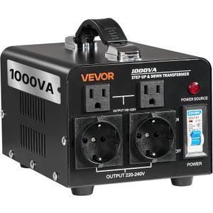 VEVOR Voltage Converter Transformer, 1000VA, Heavy Duty Step Up/Down Power Transformer, Convert from 110V to 220V and 220V to 110V, with EU & US Outlets, US Power Cord, Circuit Breaker Protection