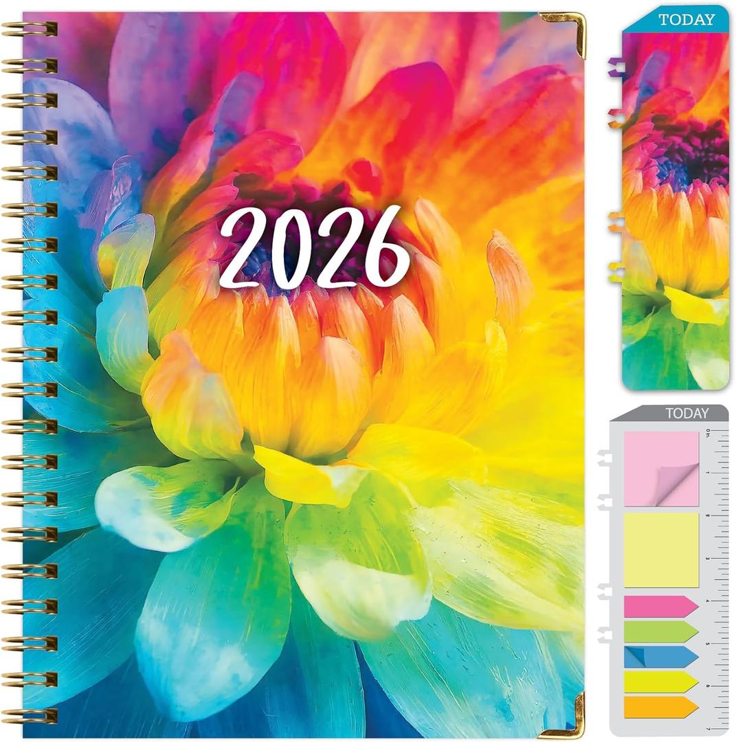 HARDCOVER 2026 Planner, 8.5"x11": 14 Months (November 2025 - December 2026), Daily Weekly Monthly Planner, Yearly Agenda, Bookmark, Pocket Folder and Sticky Note Set (Rainbow Petals)
