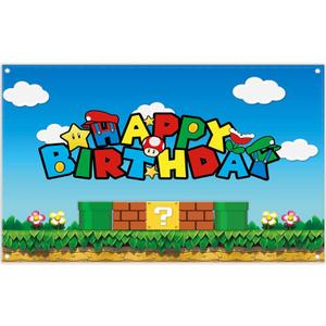 72x43inch Fabric Birthday Video Game Backdrop Super Adventure Photography Background Cartoon Gold Coin Party Decorations Photo Banner Props (Blue)
