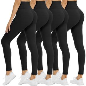 NexiEpoch 4 Pack Leggings for Women - High Waisted Tummy Control Soft Black Capri Yoga Pants with Pockets for Workout (Small-Medium)
