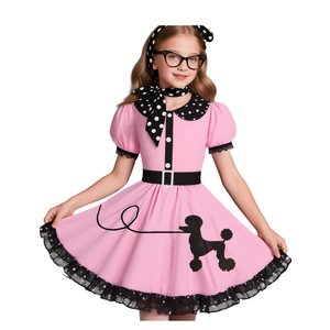 50s Costumes for Girls 50s Poodle Dress with Polka-Dot Printed Scarf for Kids Halloween Costume Large