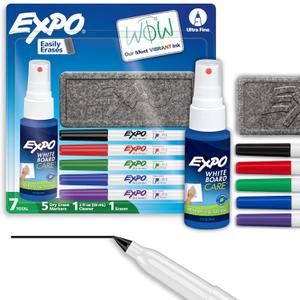 EXPO Dry Erase Markers Kit, Ultra Fine Tip, Assorted Colors, Eraser, Spray Cleaner, 7 Count