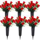 Tigeen 6 Sets Memorial Day Cemetery Flowers with Grave Vase 12 Bunches Artificial Rose Memorial Bouquet 84 Heads Fake Spring Silk Cemetery Flower for Graveside Decor(Red)