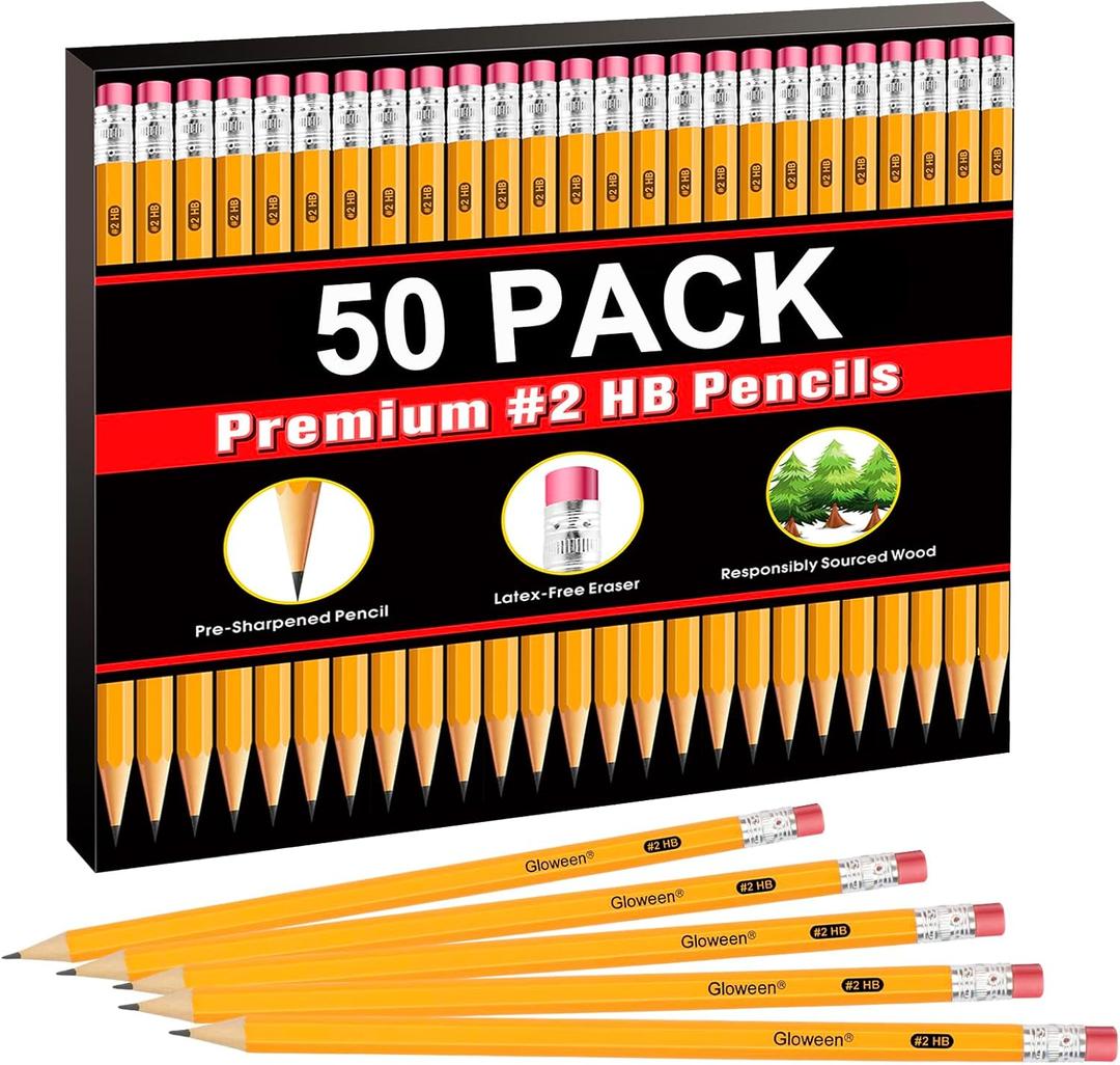 Gloween 50 Pack Pencils #2Pre-Sharpened HB Pencil Bulk with Top Erasers, Great Set for Office, School, and Classroom Supplies