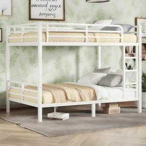 Bellemave Full XL Over Full XL Bunk Beds with Ladder & Full-Length Guardrails, Metal Heavy Duty Full Size Bunk Bed Frame with Slats, Full XL Over Full XL Bunk Beds for Adults,Teens, Noise Free, White