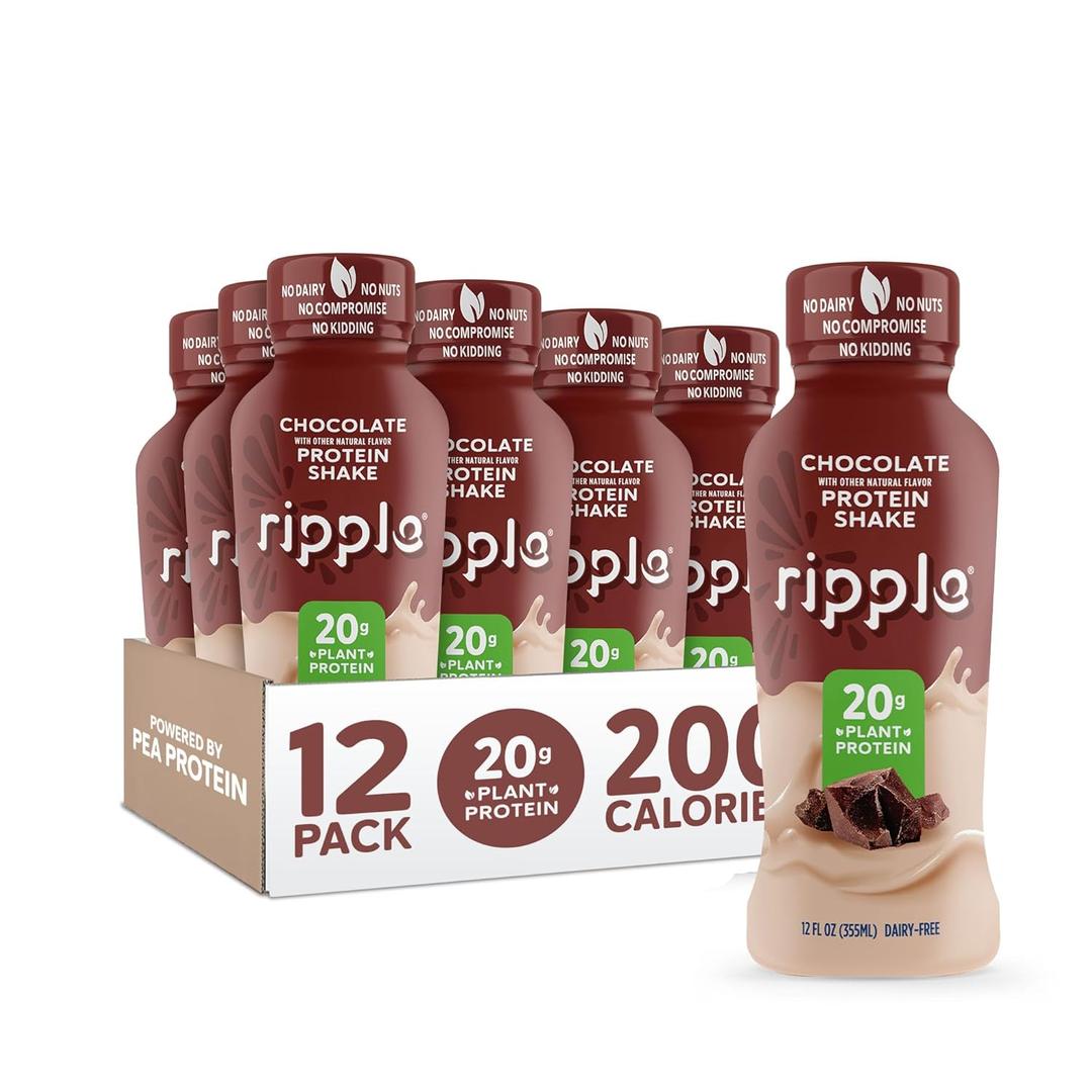 Ripple Vegan Protein Shake | Chocolate | 20g Nutritious Plant Based Pea Protein | Shelf Stable | No GMOs, Soy, Nut, Gluten, Lactose | 12 Oz, 12 Pack (EXP 10/14/26)