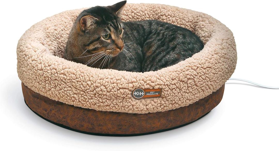 K&H Pet Products Heated Cat Bed Indoor, Thermo-Snuggle Cup Bomber Soft Heated Pet Bed for Large Indoor Cats and Small Dogs, Machine Washable, Waterproof Heated Pad, Safety Listed - 18x14in Chocolate