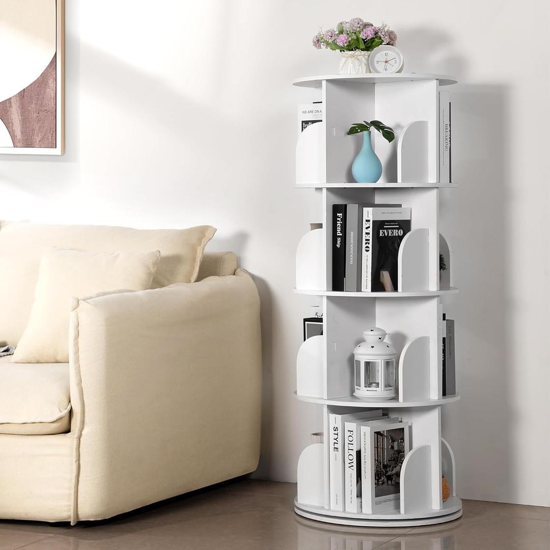 Rengue Rotating Bookshelf Tower, 4 Tiers 360 Spinning Book Shelf Revolving Bookcase Corner Book Case Organizer Display Shelf for Small Space, Bedroom, Living Room, Office, White