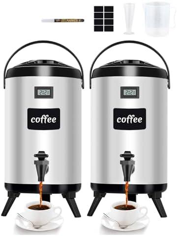 Insulated Beverage Dispenser 2.7 Gal 2 Pack - Hot Beverage Dispenser 304 Stainless Steel w/Real-time Thermometer Cold Drink Dispenser Water Milk Tea Coffee Party Buffet Commercial w/Labels, Silver