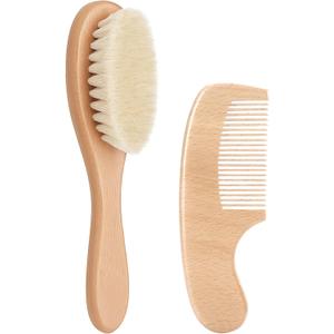 Baby Hair Brush and Comb Set, Natural Wooden Soft Goat Bristles Brush for Newborns & Toddlers, Cradle Cap Care, Baby Registry Gift