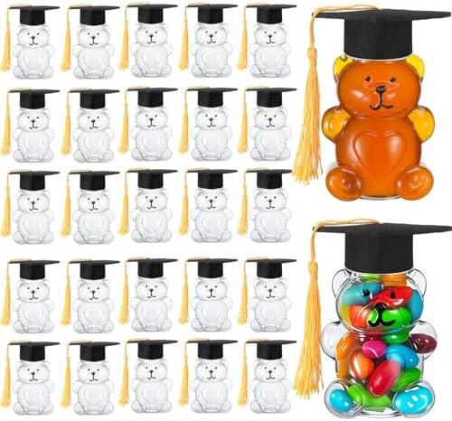 Blushtier 50 Sets 2025 Graduation Cap Bear Candy Jar 2oz Empty Bear Plastic Container with Graduation Cap with Tassel Grad Bear Bottle DIY Gift for Graduation Party Favor Decoration Supplies