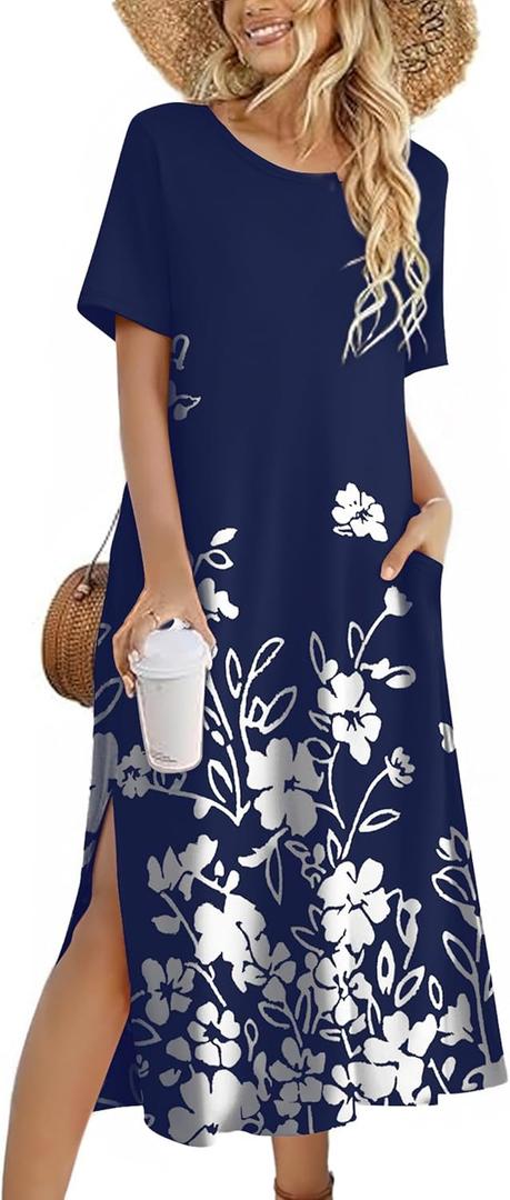 Zeagoo Women Floral Summer Dress Casual Beach Dress Printed T Shirt Dress Split Long Dress Travel 2025 Vacation Dress (Medium)
