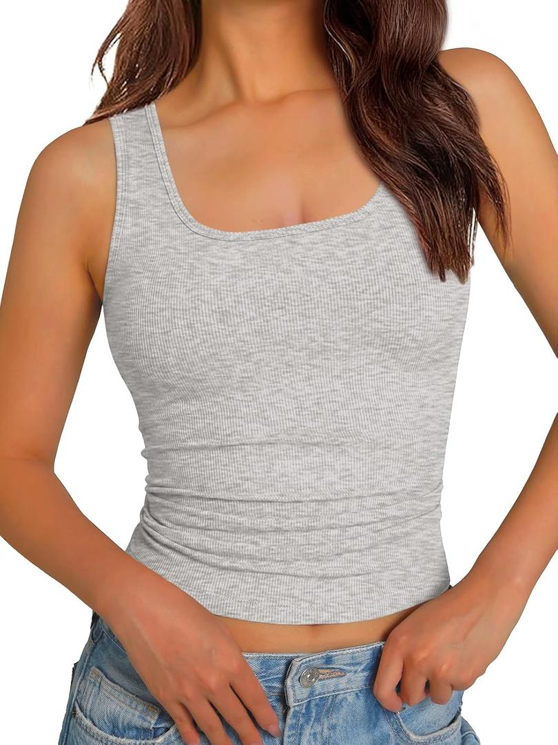 GKBK Women Built-in Bra Tank Tops Sleeveless Crewneck Rib Knit Shirts Slim Fit Basic Tee Tops (Gray, L)