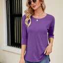Kancystore Womens 3/4 Length Sleeve Tops Casual Loose Fit Tunic Shirts Crewneck Basic Tees (Purple)