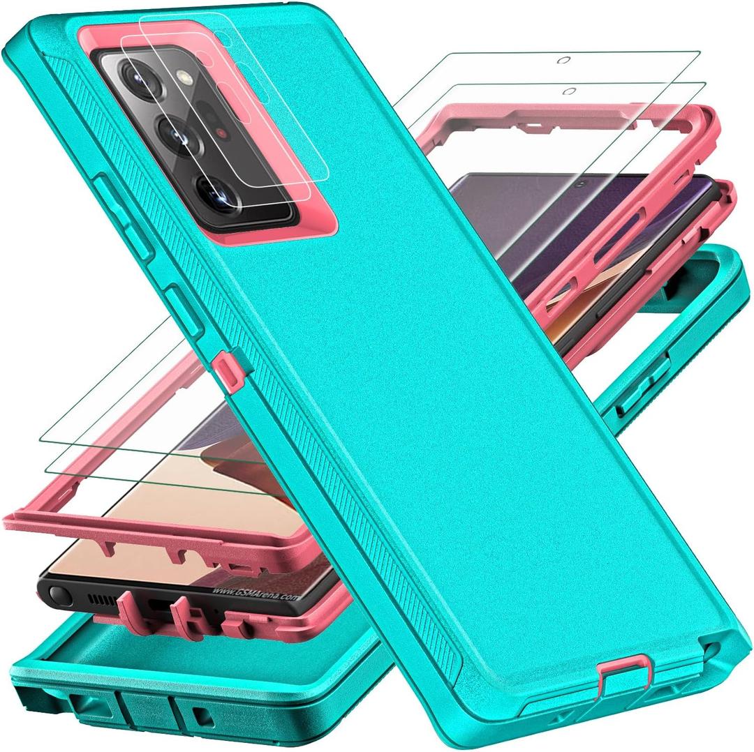YKHJKLEC for Samsung Galaxy Note 20 Ultra Case, with 2Pcs [Self Healing Flexible TPU Screen Protector & Camera Lens Protector] 3 in 1 Heavy Duty Case for Galaxy Note 20 Ultra 5G (Aqua Blue/Pink)