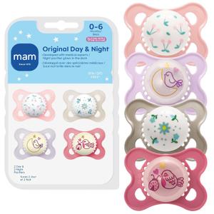 MAM Original Baby Pacifiers 0-6 Months, Binky for Newborn Babies, BPA-Free Skin Soft Silicone Nipple, Glows in The Dark, Developed with Medical Experts, 4 Count, Made in Europe (Fairy Dust/Purple Iris/Rose Pink/Cotton)