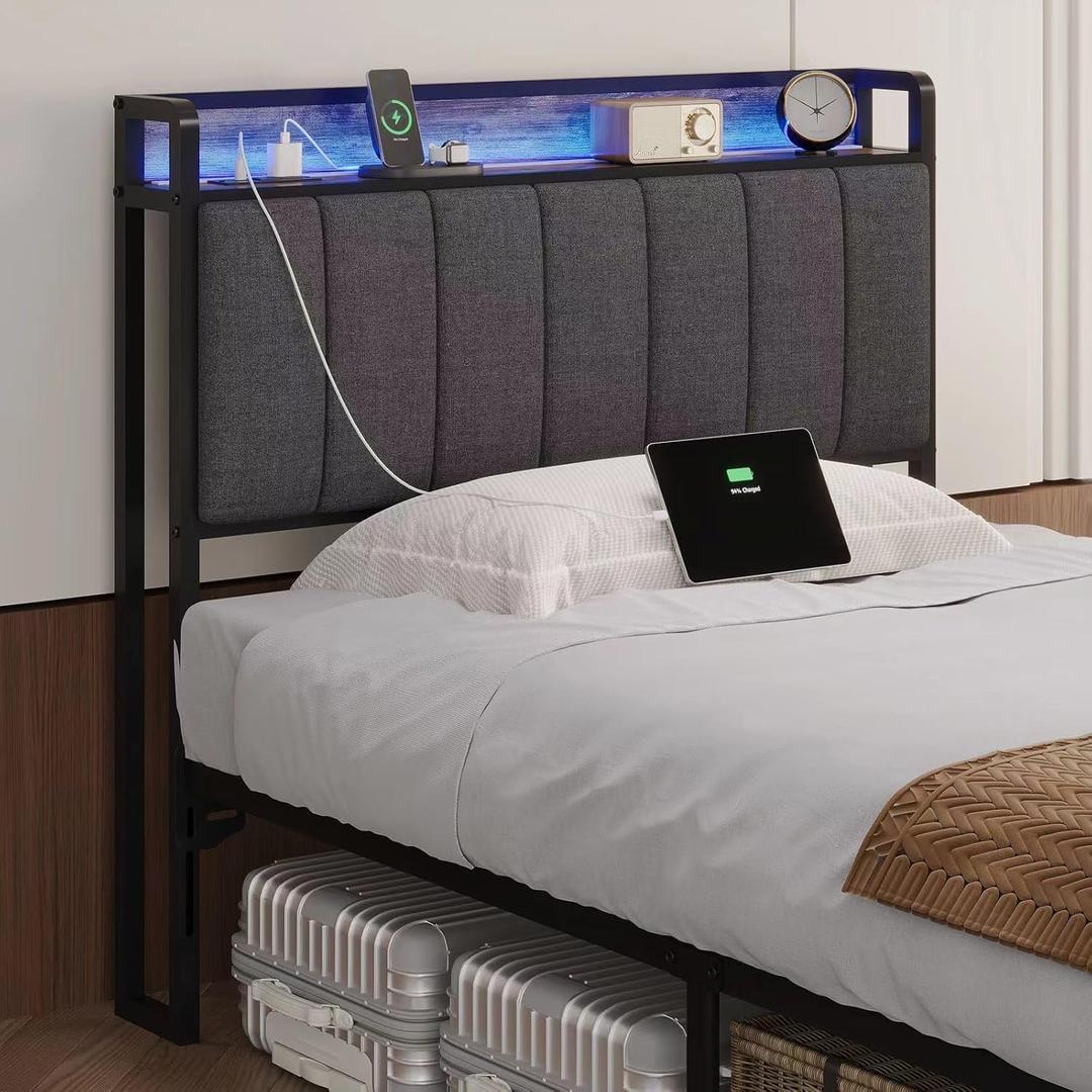 Twin Size Upholstered Headboard with LED Lights & Charging Station, USB & Type C Port, Linen Upholstery, Twin Headboard Only, Height Adjustable Attach Frame Sturdy and Stable Easy Assembly (Gray)