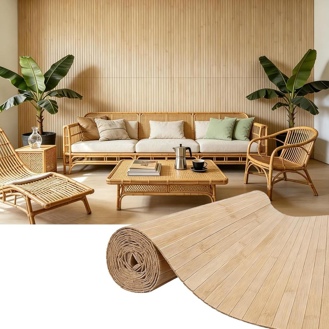 Natural Bamboo Wall Panel for Interior Wall Decor, Pole Wrap Wainscoting Paneling, Eco-Friendly Formaldehyde-Free Interior Decor for Living Room,Kitchen Island, Ceiling,Office, 48" H x 96" L, Raw Wood