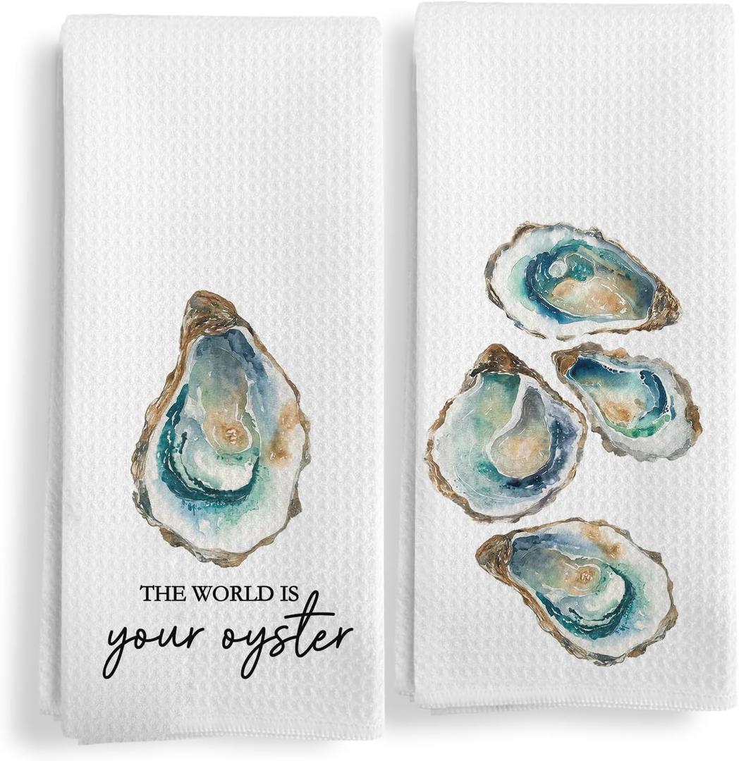 Qeheb Coastal Beach Oyster Kitchen Towels Set of 2, Beach Hand Towels for Bathroom, the World Is Your Oyster Inspirational Decorative Dish Tea Towels for Kitchen Decor, Coastal Bathroom Decor, 16X24In