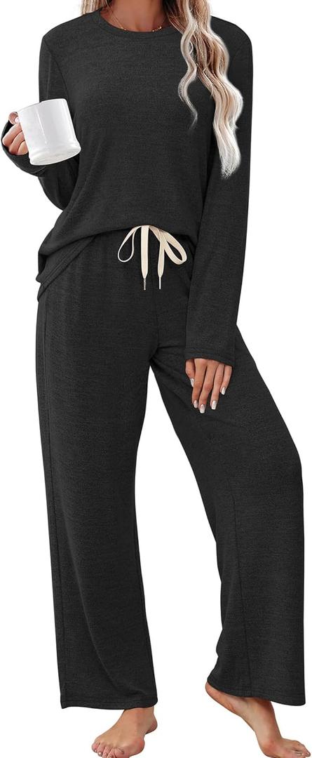 SAMPEEL Pajamas for Women Set Comfy Lounge Sets Two Piece Long Sleeve Cute Pjs Soft Sleepwear Winter Clothing (X-Large, Black)