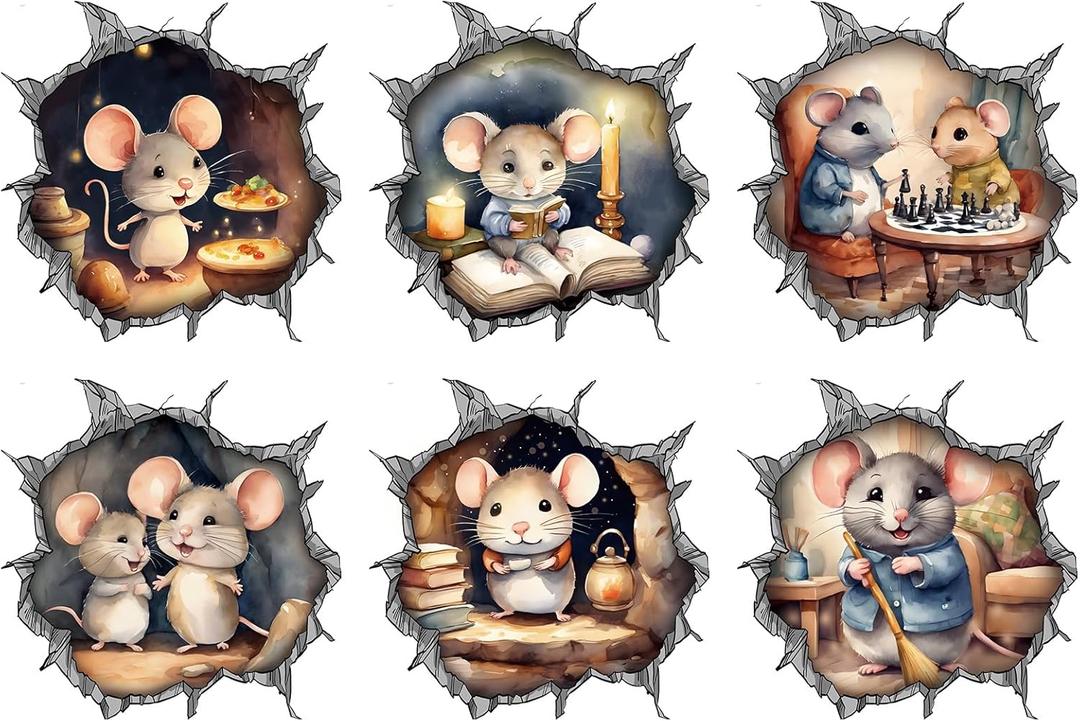 D05CX040Sheets Mouse Wall Decals Peel and Stick, Realistic Mouse Hole Wall Stickers 6 Patterns Cute Kids Room Mouse Wall Decor for Classroom Home Children Room Decoration (Style 1)