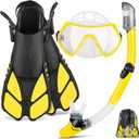 ZEEPORTE Mask Fin Snorkel Set, Travel Size Snorkeling Gear for Adults with Panoramic View Anti-Fog Mask, Trek Fins, Dry Top Snorkel and Gear Bag for Swimming Training, Snorkeling Kit Diving Packages (Yellow), Size: S/M