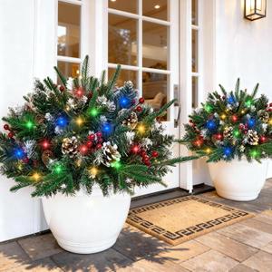 Christmas Urn Filler with Lights, Prelit Christmas Pot Fillers Outdoor Front Porch, Battery Operated Xmas Planters for Front Porch with Multi-Color LED Lights, Set of 2 Christmas Decor