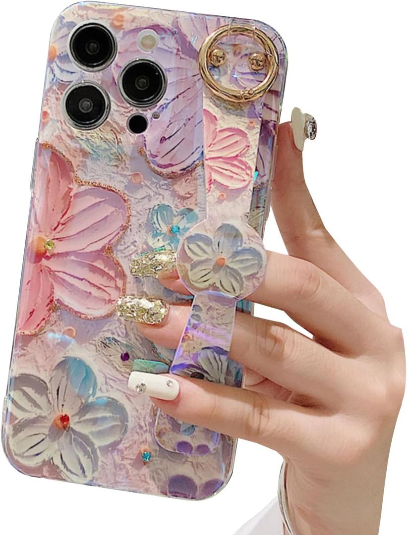 siduater Hand Strap Holder Case for 6.7" iPhone 15 Pro Max with Kickstand - Wrist Strap Band Soft Design Shockproof Cover, Adjustable Handle Grip Loop for iPhone 15 Pro Max 6.7 Inch, Floral Pink