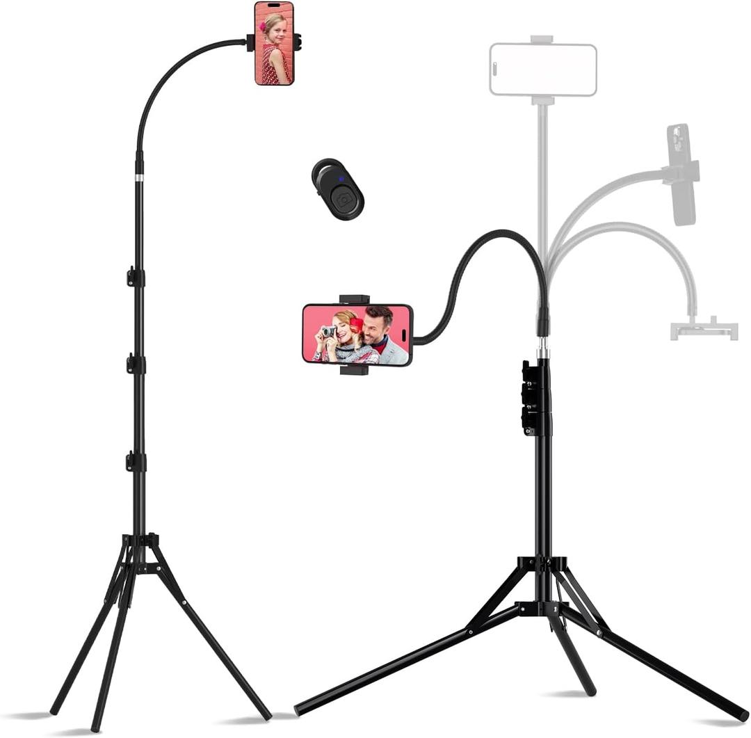 Phone Tripod, 6.75 FT Tall Phone Tripod Stand with Flexible Gooseneck, Overhead 360Adjustable Tripod with Phone Holder, Compatible with iPhone 16 Pro Max/Plus/16/15/14 for Video Recording