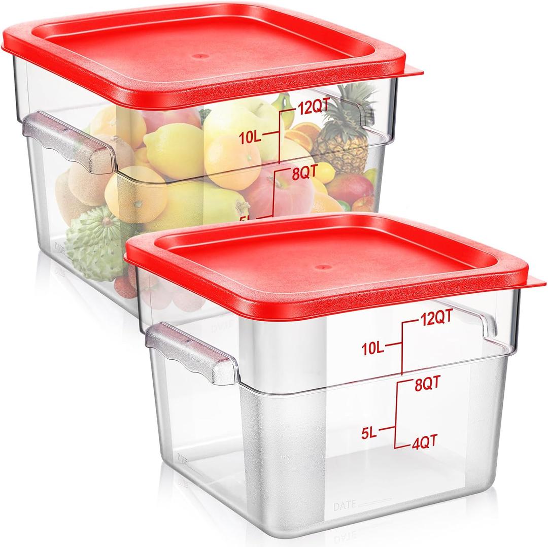 Suclain 2 Pcs Square Food Storage Container Polycarbonate Clear Food Container with Lid Commercial Rice Storage with Graduations for Commercial Kitchen(12 Qt,Red)