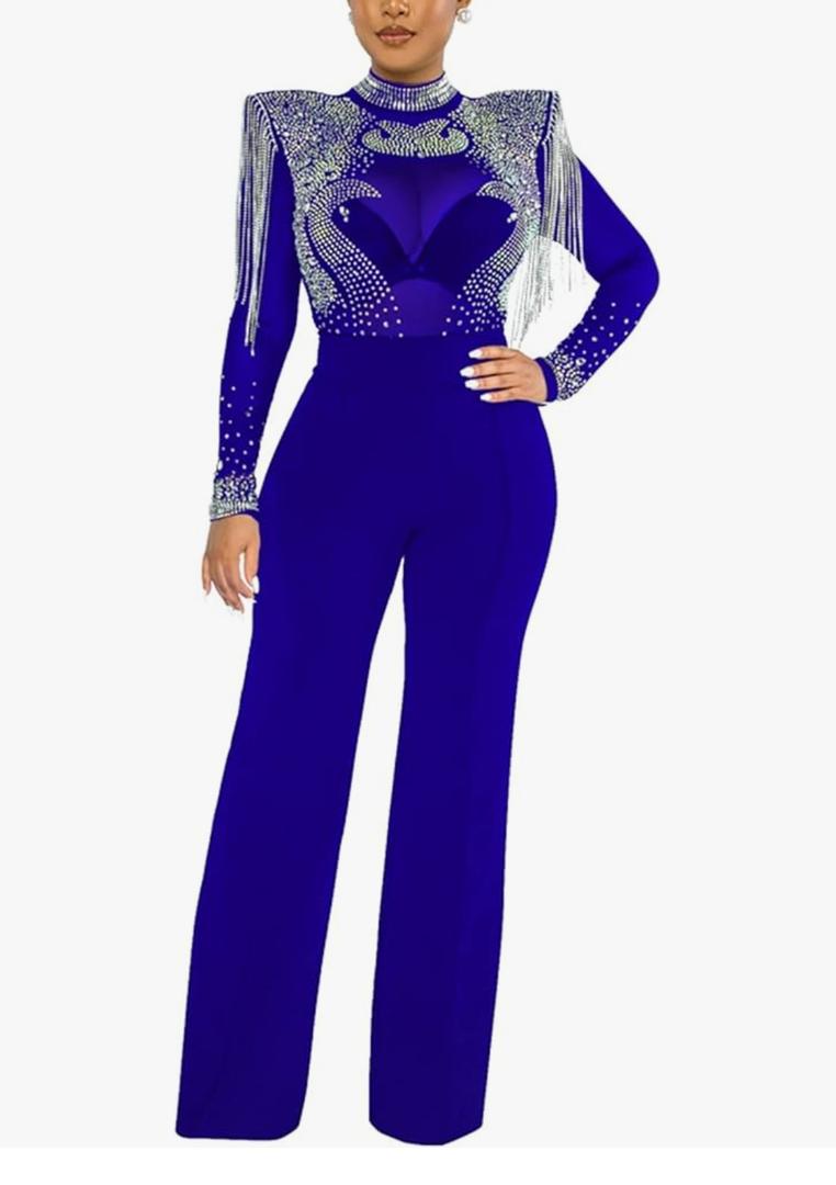 Molilove Women's Sexy Jumpsuit Elegant Long Sleeve Bodycon Sheer Mesh See Through Rhinestone Casual Loose Jumpsuits, M