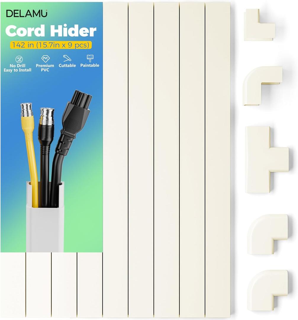 Delamu 142in Beige Cord Hider Cable Hider, Cord Covers for 2-3 Wires on Wall, Premium Wire Hiders Wire Covers for Cords on Wall, Easier Setup TV Cable Cover Management Kit, W0.94 H0.47in, Beige