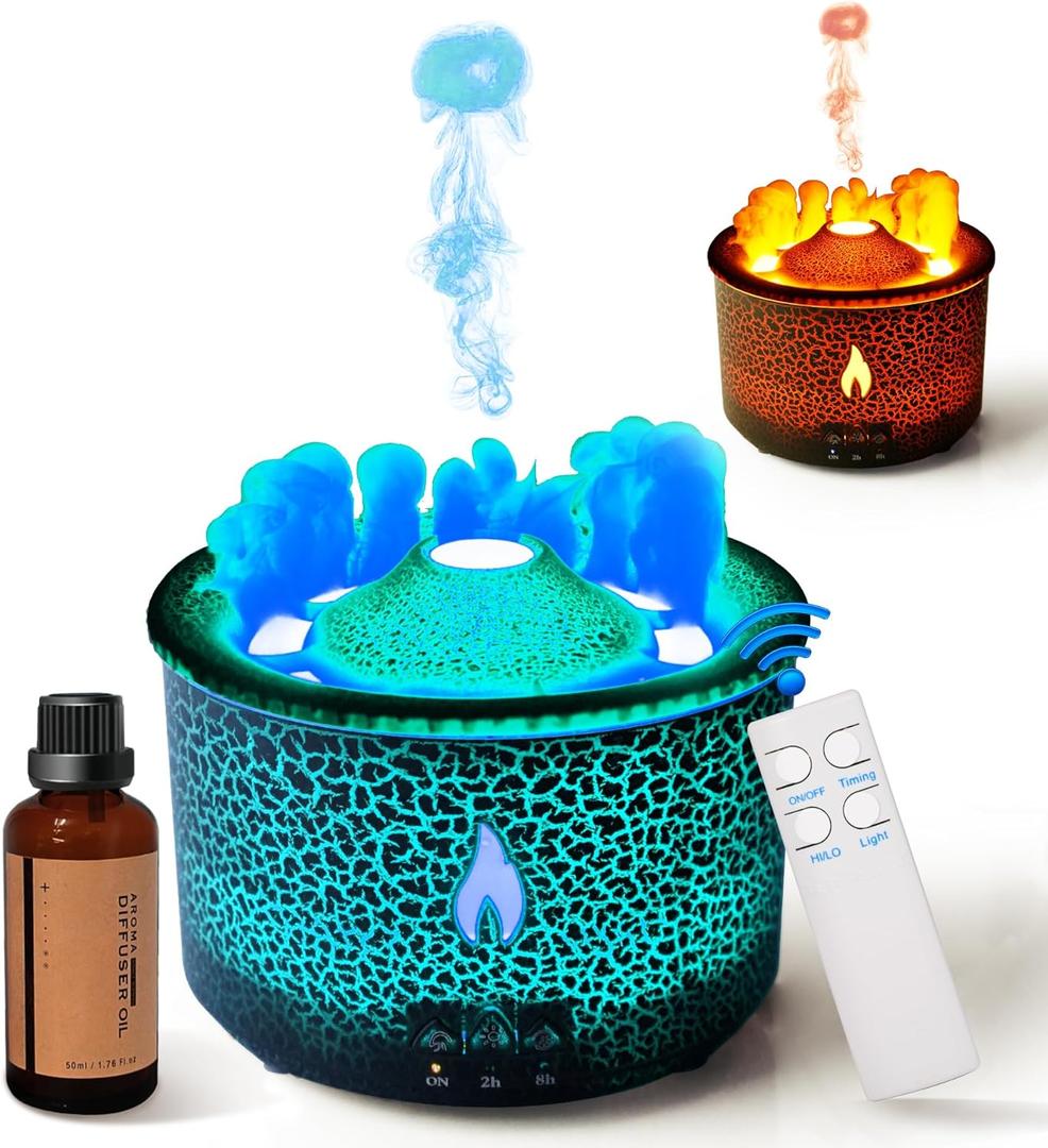 BOHOFAM Aroma Essential Oil Diffuser 360 ML,Volcano and Flame Diffuser/Humidifier,give1.76 oz Hotel Collection Essential Oils,Blue/red Light Selection,Diffusers for Home,Large Room(Black Cracks)