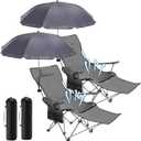 Karenhi 2 Set Reclining Beach Chair with Umbrella for Adult Folding Camping Chair with Foot Rest Adjustable Clamp Canopy Shade for Outdoor Patio Travel Beach Fishing Picnic(Grey), 60.63 inches x 21.26 inches x 35.04 inches