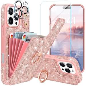 Casewind for iPhone 16 Pro Max Case Wallet,with [Screen Protector+Camera Lens Protector] Glitter Cute 5 Card Holder&360°Rotation Ring Stand Shockproof Cover for iPhone 16 Pro Max,Rose Gold,6.9",2024