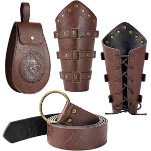 Berenlu 3 PCS Renaissance Accessories, Viking Belt, Medieval Vintage Belt Pouch & Leather Bracers for Halloween LARP Cosplay (Brown)