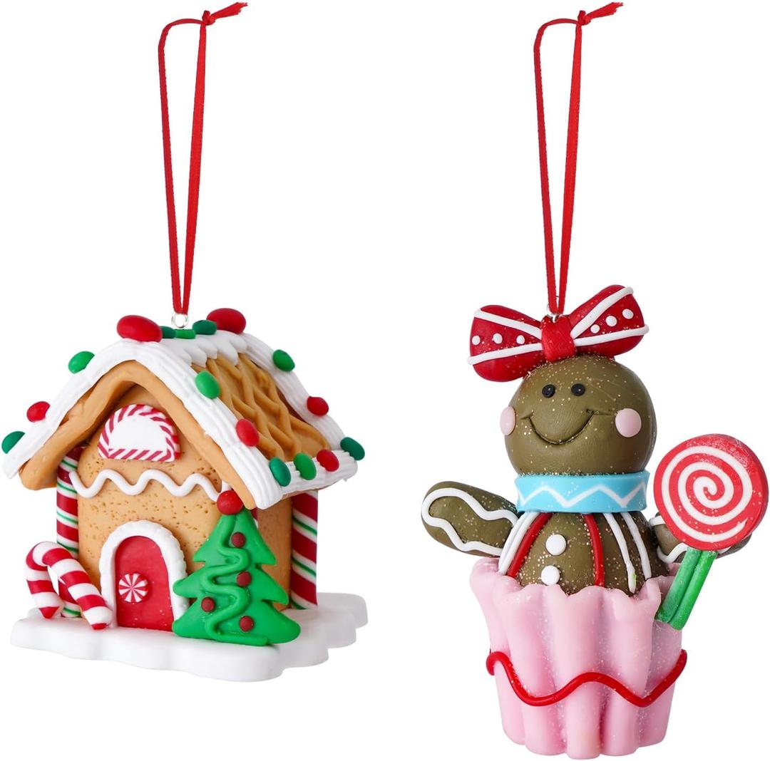 Set of 2 Christmas Tree Decorations, 3D Gingerbread House & Gingerbread Man Christmas Ornaments, Claydough Xmas Hanging Decor for New Year Party Wedding Home