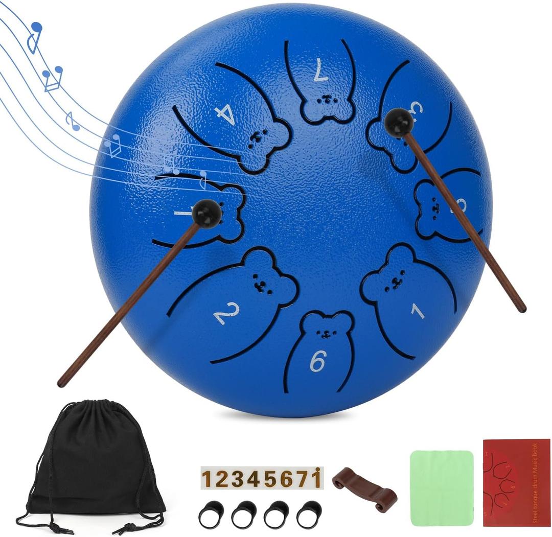 Bear Steel Tongue Drum for Kids, 6 Inch 8 Notes Rain Drum for Outside Garden, Steel Drum Instrument with Mallets, Music Book and Carry Bag, Music Gifts for Grandkids (Dark Blue)