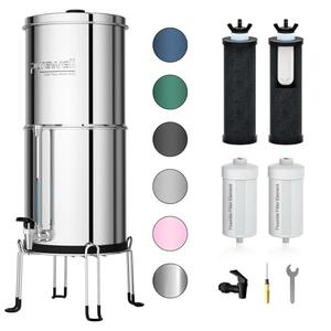 Purewell 8-Stage 0.01μm Ultra-Filtration Water Filter System, 304 Stainless Steel Countertop System with 4 Filters, Metal Water Level Spigot and Stand, Reduce Fluoride and Chlorine, 2.25G, PW-OB-CF