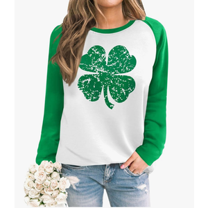 Womens St. Patrick's Raglan Long Sleeve Shirt Irish Shamrock Crewneck Sweatshirt, M