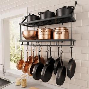 KES 30-Inch Kitchen Pot Rack - Mounted Hanging Rack for Kitchen Storage and Organization- Matte Black 2-Tier Wall Shelf for Pots and Pans Organizer with 12 Hooks - KUR215S75B-BK (Black)