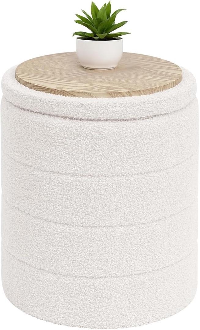 B FSOBEIIALEO Ottoman with Stroage, Round Sherpa Storage Ottoman Stool, Boucle Foot Rest 14.6"x14.6"x17.7"（White)