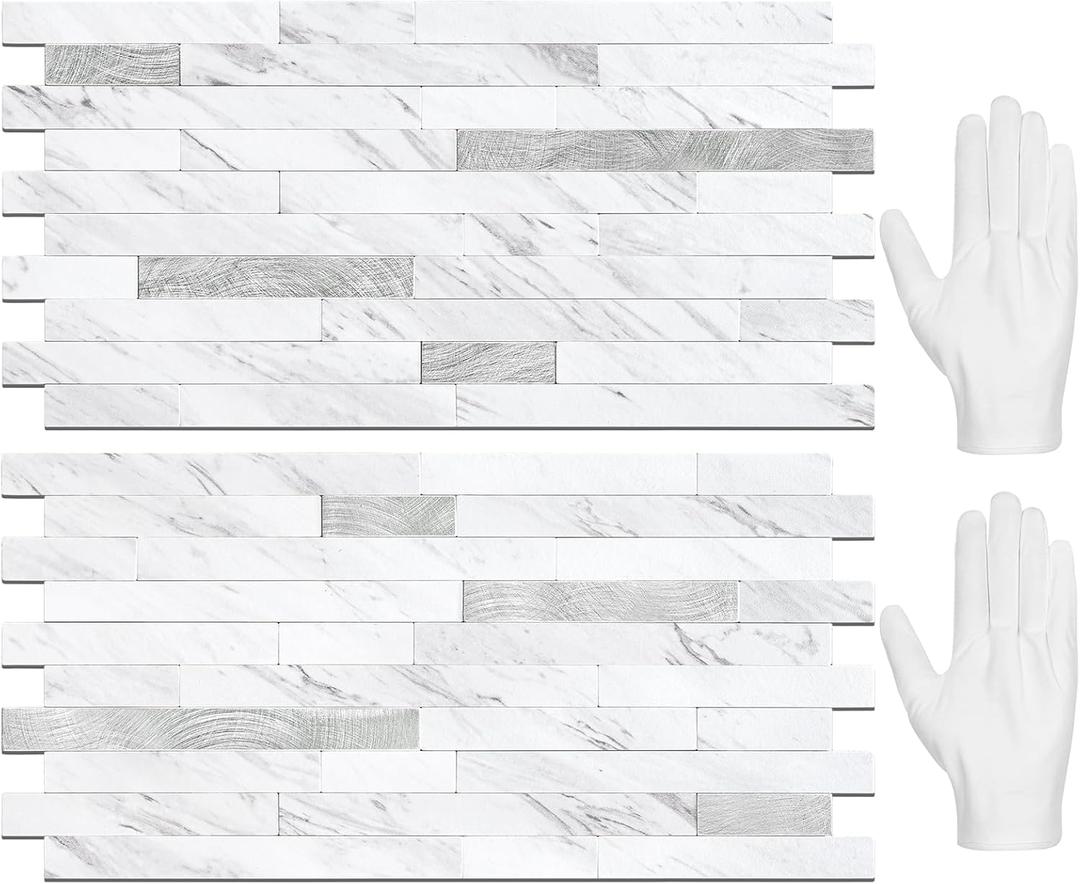 STICKGOO 20 Sheets Peel and Stick Backsplash Tile, Stick on Backsplash for Kitchen and Bathroom, White Marble Look PVC Mixed Metal Silver Self Adhesive Wall Tiles