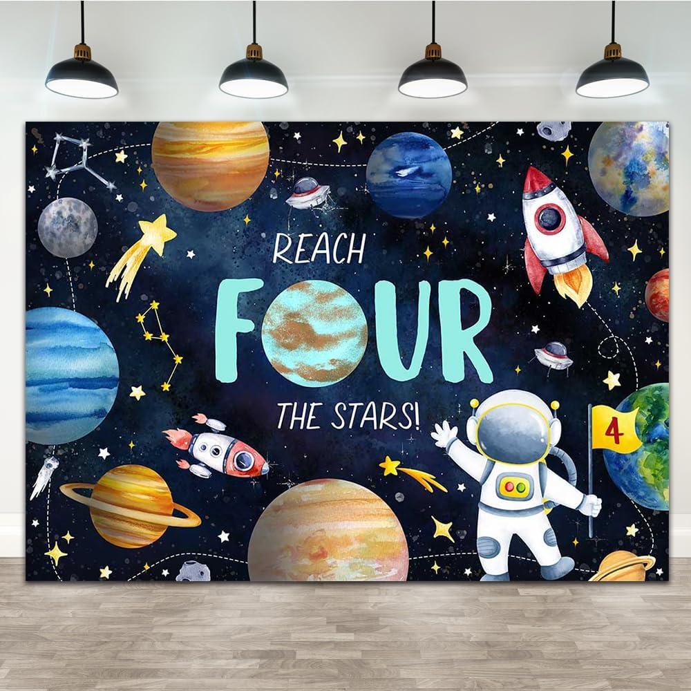Lofaris 7x5ft Reach Four The Stars Backdrop Happy 4th Birthday Party Background Space Planet Rocket Theme Photography Children Birthday Party Decoration Photo Booth Studio Prop