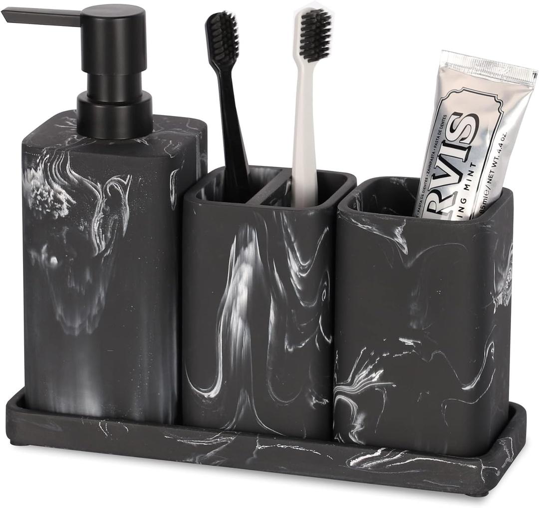 ZCCZ Black Bathroom Accessory Sets, 4 Pieces Bathroom Accessories Complete Set Vanity Countertop Accessory Set Marble Look, Includes Lotion Dispenser Soap Pump, Tumbler, Toothbrush Holder and Tray (Black Marble Look)