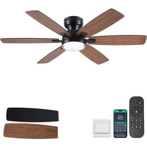 Kviflon 52" Rustic Ceiling Fans with Lights Remote/APP Control, Flush Mount Ceiling Fan with Double Lampshade, 6 Reversible Dual Fan Blades, 3 CCT Dimmable LED Lights for Living Room Farmhouse, Brown