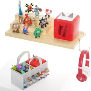 for Tonie Shelf Magnetic - Wooden Tonies Organizer with Carrying Bag, 3 Tiered Magnetic Display Shelf for Toniebox Holder, Wall Mount/Countertop Use Tonies Toy Storage for Kids Room/Playroom (Wood)